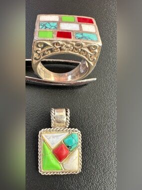 Vintage 925 Sterling Silver Turquoise, Jasper, Mother of Pearl Ring Pendant Set